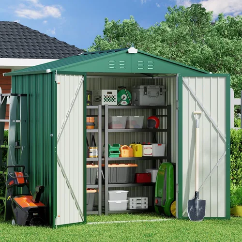 Miniatura 22 de Gizoon Cobertizo de almacenamiento para exteriores de 8 x 6 pies, cobertizo de jardín de metal galvanizado con puertas dobles con cerradura, Marrón