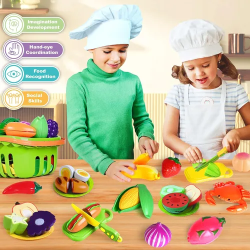 Miniatura 5 de 100 PIEZAS Juego de Comida de Simulación para Cocina de Juguete para Niños, Accesorios de Juguete de Comida de Cocina con 2 Canastas, Comida Verde