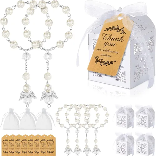 Leinuosen 200 piezas de recuerdos de bautismo, recuerdos de bautizo para invitados, mini cuentas de rosario a granel con cajas de regalo, bolsas de