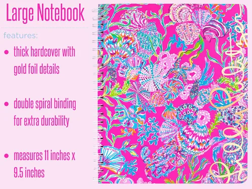 Miniatura 3 de Lilly Pulitzer Cuaderno grande de espiral de tapa dura rosa, 11 x 9.5 pulgadas con 160 páginas con rayas universitarias, Shell Me Something Good