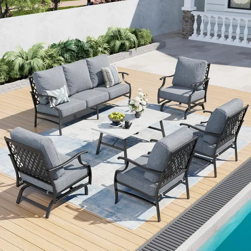 Miniatura 41 de SUNSHINE VALLEY Juego de muebles de patio al aire libre de 7 piezas, moderno juego de conversación de patio exterior con cojín extra grueso de 5.75