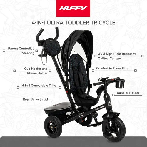 Miniatura 2 de Huffy Malmo Ultra - Triciclo convertible 4 en 1 para niños pequeños con mango de empuje para padres, toldo extraíble y soporte para tazas, triciclo