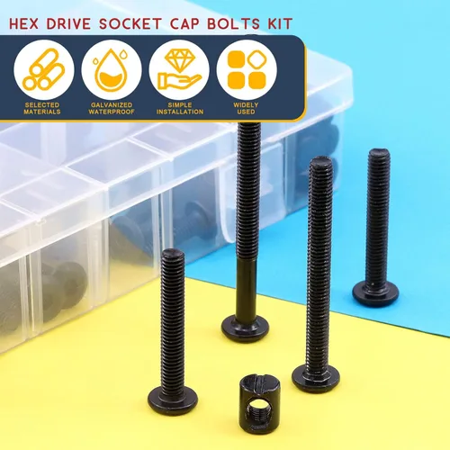 Miniatura 3 de Hilitchi M6 140 piezas de tornillos de cabeza hexagonal negra, tornillos, tuercas de barril, kit surtido de accesorios para cuna, cama de bebé
