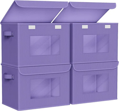 Miniatura 19 de Univivi Cajas de almacenamiento plegables de tela con tapas para ropa, [paquete de 3] cajas organizadoras de armario con asas para el hogar, Beige