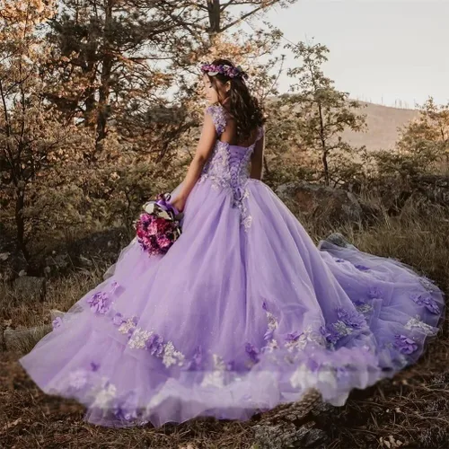 Miniatura 2 de Mauuwy Vestidos de quinceañera florales en 3D, vestido de baile de tul brillante hinchado dulce 16 vestidos de encaje con hombros descubiertos