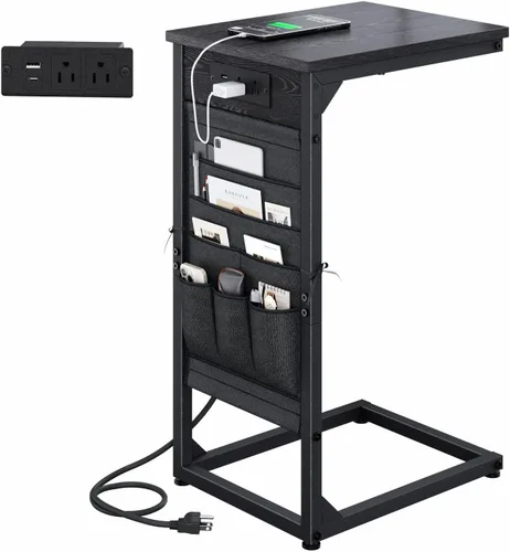 Miniatura 5 de Mesa auxiliar en forma de C con estación de carga rápida, mesa lateral pequeña para sofá con bolsa de almacenamiento, bandeja de TV para sofá