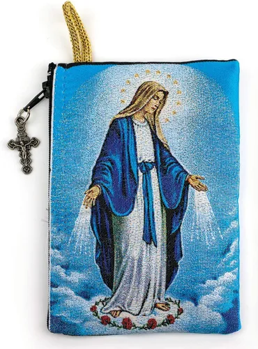Miniatura 2 de Bolsa de rosario católico, símbolo de medalla milagrosa de Nuestra Señora de Gracia, joyería de 4 x 6 pulgadas y monedero con cruz, pequeña bolsa