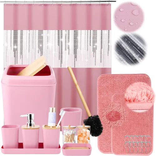 Juego de accesorios de baño rosa con cortina de ducha y alfombras con purpurina, juegos de baño con alfombras de baño extrasuaves y absorbentes,