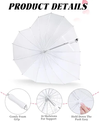 Miniatura 6 de Chunful 4 piezas en forma de corazón Brolly en forma de corazón para niñas, paraguas para siempre amor, paraguas blanco para novia, San Valentín