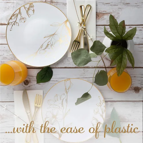 Miniatura 4 de PLASTICPRO Platos de plástico blanco con diseño floral con borde dorado, platos desechables elegantes y pesados de primera calidad