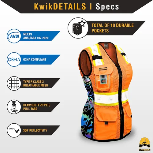 Miniatura 4 de KwikSafety TIGER QUEEN - Chaleco de seguridad para mujer [naranja, XL] + paquete de casco duro de ala completa TORTOISE