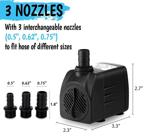 Miniatura 4 de Bomba sumergible de 400 GPH de 25 W, bomba de agua ultra silenciosa para fuente, 1500 l/h, elevación de 6.56 pies de altura, 3 boquillas - Bomba