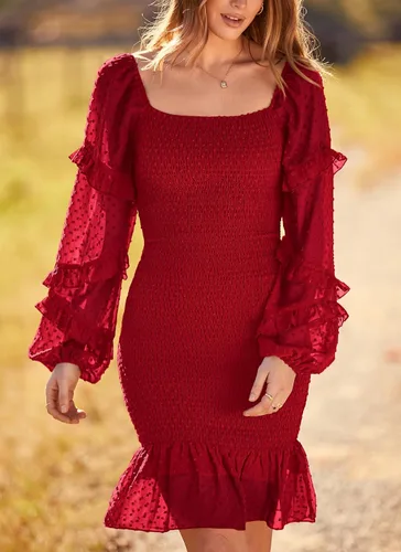 Miniatura 3 de PRETTYGARDEN Vestido corto ajustado fruncido para mujer, manga larga, cuello cuadrado, lunares suizos, volantes, vestido elegante de sirena