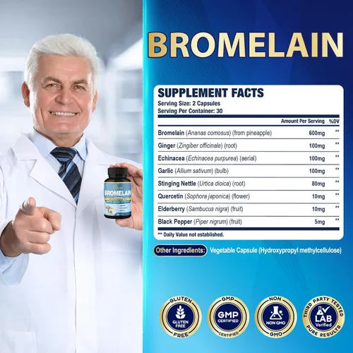 Miniatura 3 de Organic Cadane 2 paquetes de 60 cápsulas de suplemento de bromelina, con quercetina, saúco, jengibre, equinácea, ajo, pimienta negra, suministro