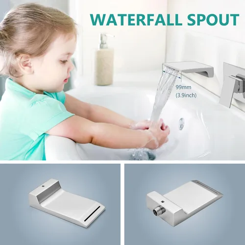 Miniatura 2 de Aolemi Grifo de baño de montaje en pared, latón, cromo pulido, boquilla de cascada, mango único, válvula empotrada incluida Abrillantador cromado