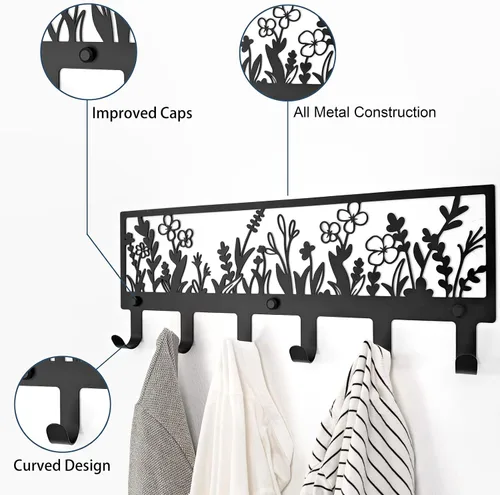 Miniatura 3 de Perchero floral montado en la pared con 6 ganchos colgador decorativo de metal negro para abrigos, sombreros, bolsos, llaves, toallas - Ideal