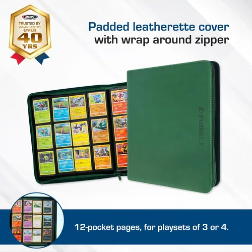 Miniatura 2 de BCW Z-Folio LX - Cartera con cremallera – Álbum de 12 bolsillos de cuero sintético verde premium – Cremallera segura – Capacidad de 480 tarjetas
