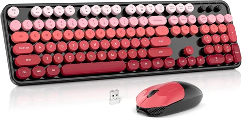 Miniatura 17 de MOWUX - Combo de teclado y mouse inalámbricos, máquina de escribir de tamaño completo, retro, redondo, lindo mouse óptico inalámbrico, Plug and Azul