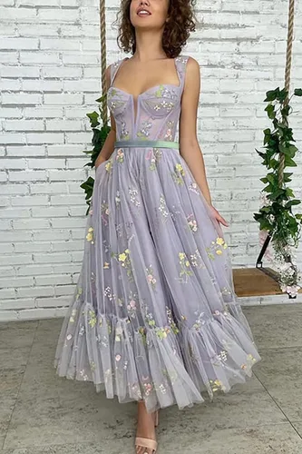 Miniatura 3 de Basgute Vestido de fiesta de tul con bordado de flores para mujer, corsé, largo, con tirantes delgados, de hadas, fruncido, formal, vestido de fiesta