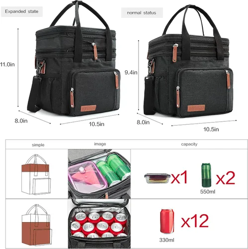 Miniatura 3 de MOV COMPRA Bolsas de almuerzo para hombres y mujeres, lonchera negra para adultos, para el trabajo, ampliable, a prueba de fugas, doble cubierta