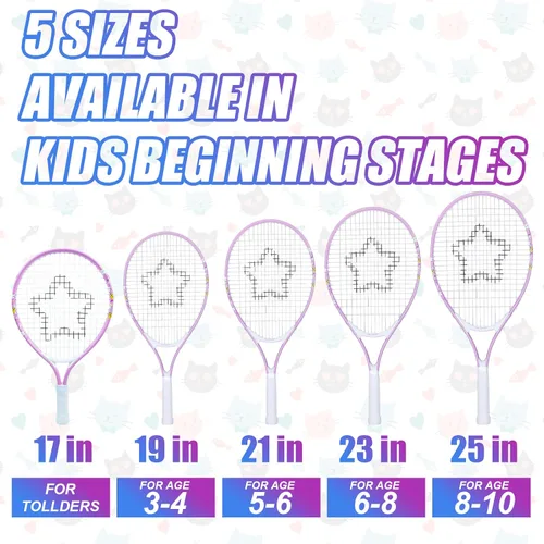 Miniatura 6 de AMA SPORT Raqueta de tenis para niños pequeños, kit de iniciación de raqueta de tenis de 17 a 25 pulgadas para niñas y niños con bolsa de nailon Rosa