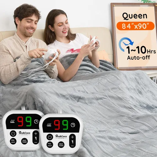 Miniatura 10 de Mia&Coco Manta eléctrica de franela individual (62 x 84 pulgadas), 10 niveles de calor, apagado automático de 10 horas, calentamiento rápido