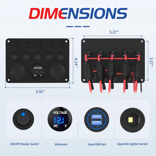 Miniatura 2 de RVMARINEPAT Panel de Interruptores Basculantes de 5 Posiciones Certificado UL Panel de Interruptores de 12 Voltios ON-OFF LED Azul con Fusible