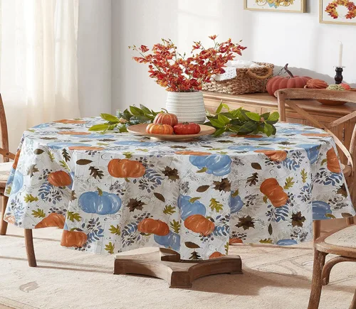 Miniatura 11 de Newbridge Mantel de vinilo azul de Acción de Gracias Hampstead Farm Pumpkin Field con reverso de franela, diseño de cosecha de otoño, 52 x 52