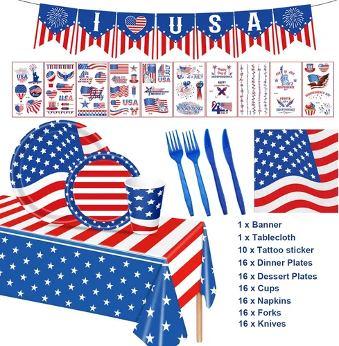 Miniatura 7 de 108 piezas de suministros para fiesta del 4 de julio, juego de vajilla con la bandera estadounidense, decoraciones patrióticas para fiestas
