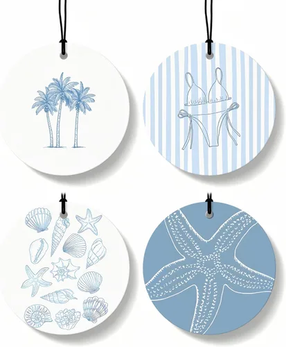 Blue Coastal Beach Orange Car Air Freshener 4 Pcs, Summer Blue Bikini Starfish Palm Tree Round Hanging Air Freshener for Cars Closet Drawer Books,