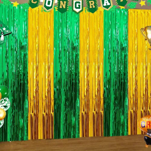Cortinas de flecos de papel de aluminio para decoración de fiesta de graduación 2026, telón de fondo para cabina de fotos de oro verde para San