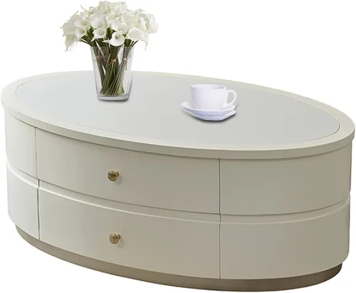 Miniatura 8 de Mesa de té para sala de estar, mesa de centro moderna con mesa única y base estable, mesa de sofá ovalada con 2 cajones grandes para sala de estar