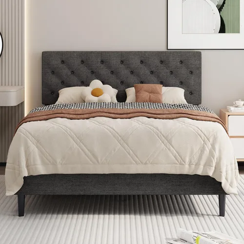 Miniatura 10 de BarnFurin Marcos de cama individual con cabecera capitoné con botones, cama de plataforma tapizada de lino con soporte de listones de madera, fácil