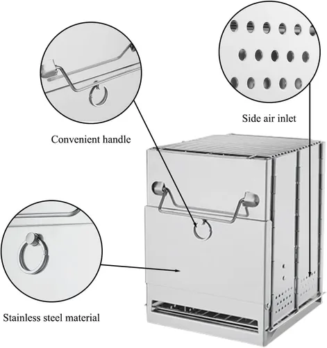 Miniatura 2 de Estufa de leña plegable para acampar con parrilla, estufa de campamento plegable para mochileros, estufa de supervivencia de acero inoxidable