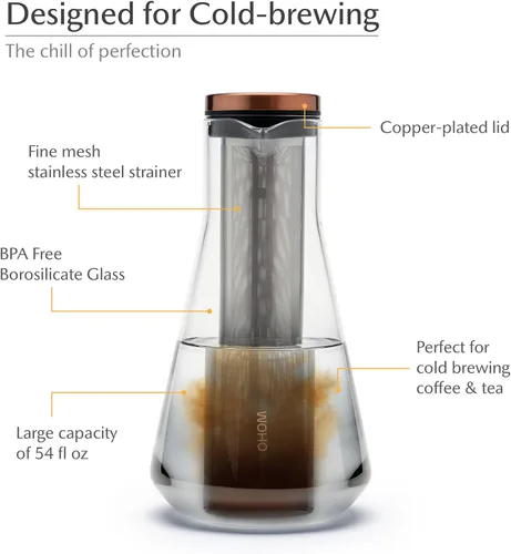Miniatura 3 de Jarra de infusión fría Sio – 54 fl oz / 1600 mL de vidrio borosilicato con colador de acero inoxidable 316 microfino y tapa chapada en cobre