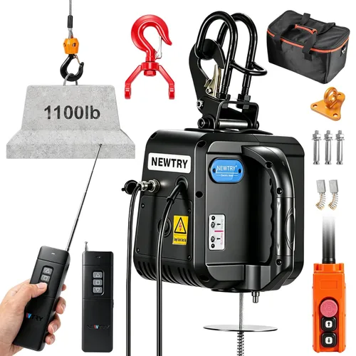 NEWTRY Polipasto eléctrico PRO con gancho simple/doble, cabrestante eléctrico de 1100 libras 110 V 120 V, 2 controles remotos inalámbricos y control