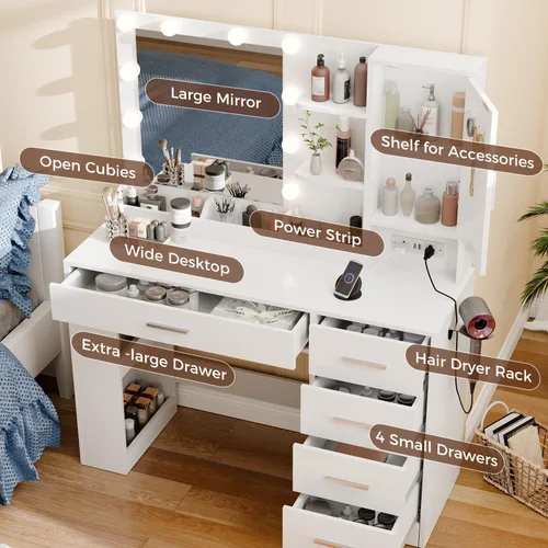 Miniatura 5 de Escritorio de maquillaje de 37 pulgadas con espejo y luces, mesa de tocador de maquillaje con 5 cajones, armario de almacenamiento grande y 4