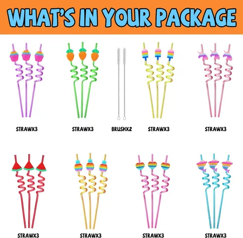 Miniatura 3 de 24 pajitas de plástico para beber para fiestas de cumpleaños, 8 diseños de Pop Fidget ideales para suministros de fiesta pop con 2 cepillos