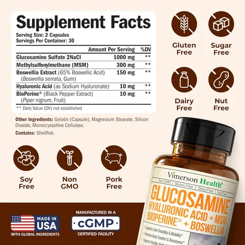 Miniatura 3 de Sulfato de glucosamina con ácido hialurónico, bioperina, MSM y Boswellia - Suplemento ocasional para aliviar las molestias en las articulaciones.