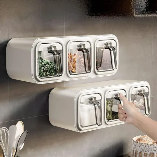 Miniatura 3 de Tarros de especias montados en la pared,Caja de condimentos autoadhesiva con cuchara,Botella dispensadora de condimentos múltiples (blanco 3 piezas)