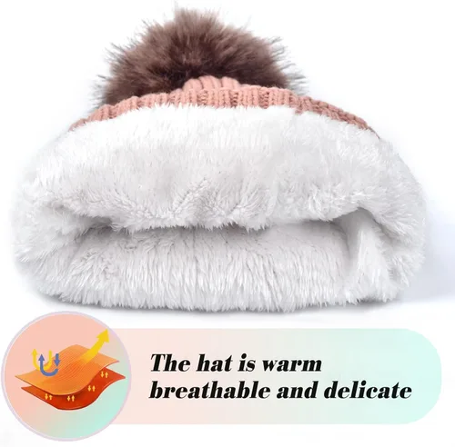 Miniatura 4 de Juego de 3 gorros de punto de invierno para mujer bufanda y guantes para pantalla táctil con pompón