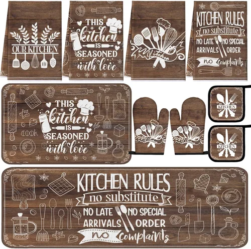 Miniatura 8 de Fourluoo Juego de 10 piezas de decoración y accesorios de cocina de granja, 4 toallas de cocina, 2 soportes para ollas, 2 guantes de horno, 2 Verde