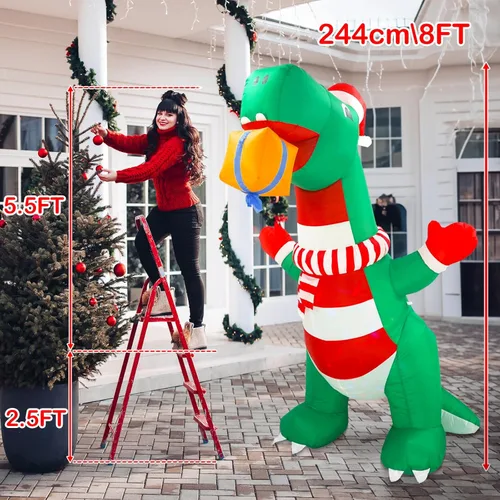 Miniatura 3 de Decoraciones inflables de Navidad de 8 pies para exteriores, dinosaurio inflable de patio con sombrero navideño y caja de regalo, luces LED