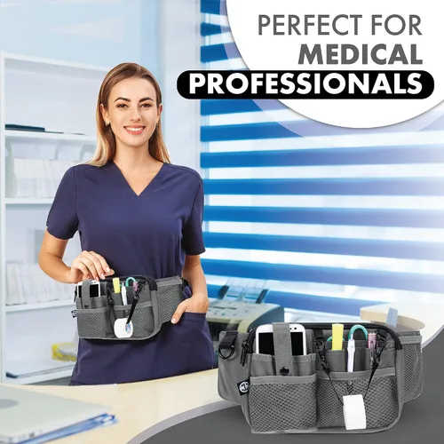 Miniatura 6 de First Lifesaver Riñonera para enfermera con múltiples compartimentos y soporte para cinta, Gris, L, Riñonera manos libres con múltiples