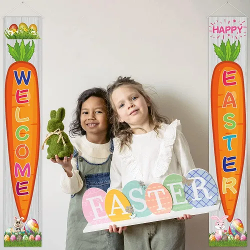 Miniatura 3 de 2 pancartas de tela para puerta de Pascua, huevos de Pascua, zanahoria, conejo, conejo, puerta colgante, porche, bandera colgante de bienvenida