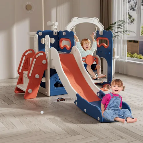 Miniatura 12 de Set de juego de tobogán y columpio 9 en 1 para niños pequeños, tobogán para niños de 1 a 3 años, juego de juego para interiores y exteriores con aro