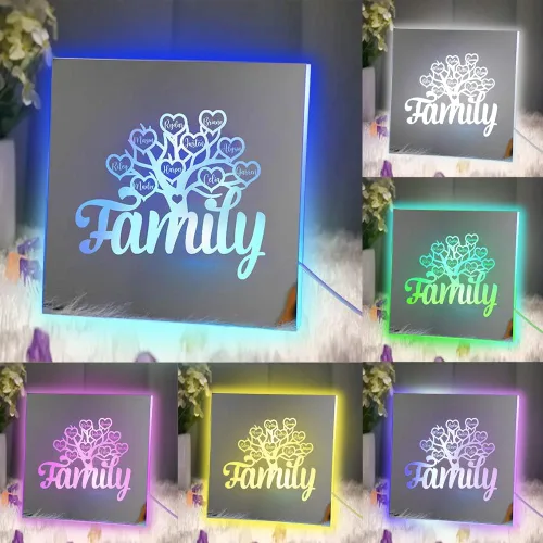 Miniatura 20 de Rompecabezas de nombre de familia personalizado, luz LED, espejo de corazón, espejo de dormitorio, espejo acrílico personalizado de 1 a 12 nombres