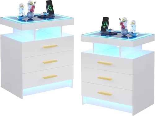 Miniatura 13 de HNEBC Mesita de noche LED, RGB blanco con estación de carga USB/inalámbrica, moderna mesita de noche con sensor automático de luces RGB, mesa blanco