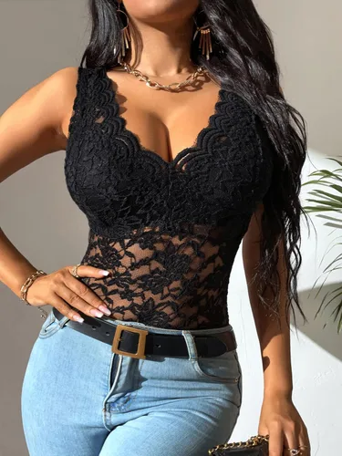 Miniatura 3 de Romwe Blusa sin mangas de malla floral con cuello en V y sin espalda para mujer