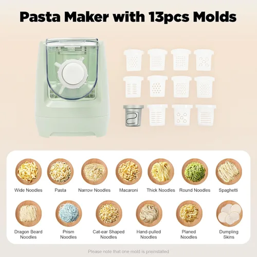 Miniatura 2 de Máquina automática de pasta de 260 W, máquina eléctrica de fideos para pasta, máquina de pasta con 12 formas de fideos con taza medidora, capacidad